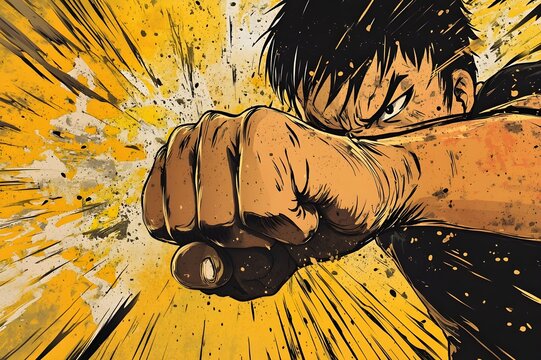 Comic style illustration featuring tomoi action close-up with sweat splattered, fist nearly hitting target, background full of dramatic motion lines	
