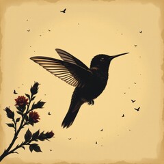 Fototapeta premium Dark Silhouette Hummingbird with Red Roses on Vintage Paper Background