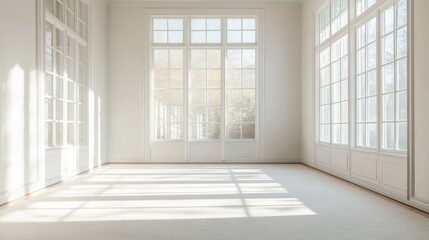 Sunlit Empty Room with White Walls and Large Windows