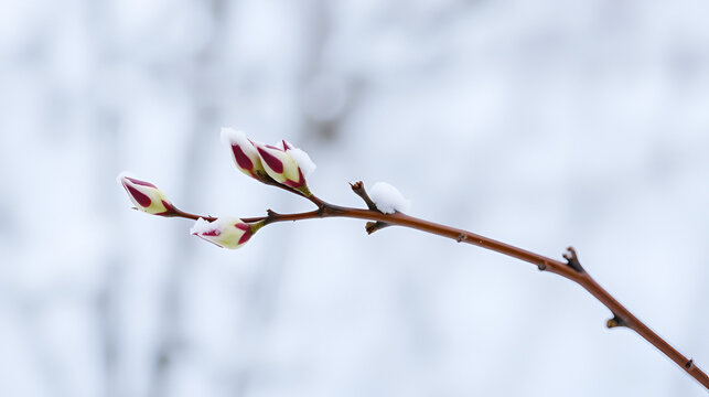 [Leafless winter branch] Winter Bud Formation On Bare Branch Against White Background