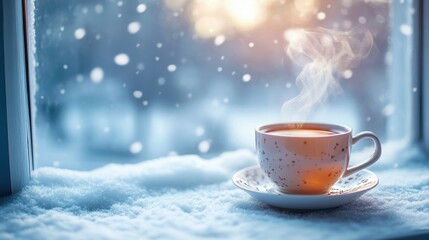 Warm Beverage in a White Cup on Snowy Windowsill Winter Scene