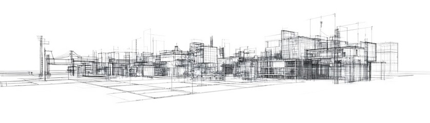 Architectural sketch of a complex industrial structure.