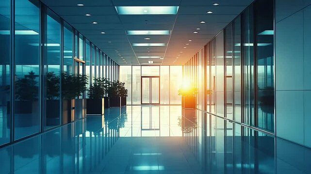 Modern office hallway, sunlit corridor, empty space, city view