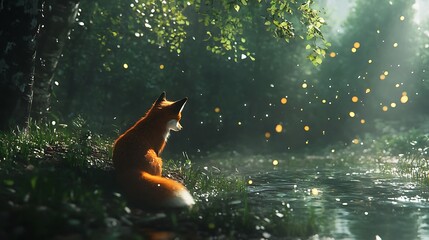 Fox by stream in magical forest