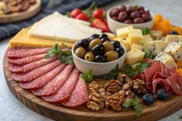 Closeup of Charcuterie Board with Meats Olives and Nuts - generated by ai