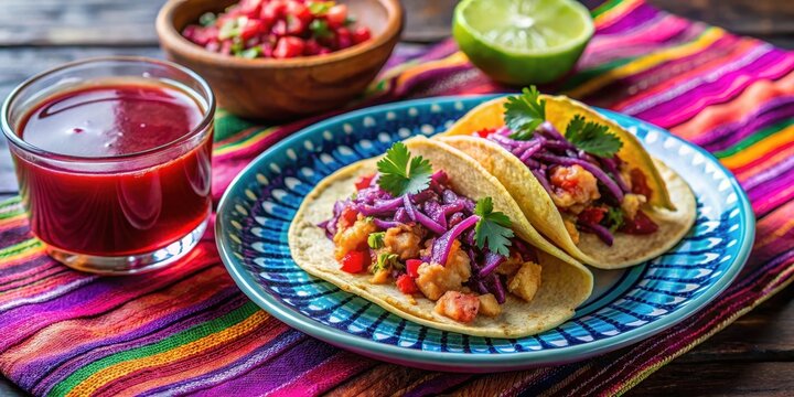 Taco de Tripa Tradicional en Mesa con Salsa y Agua Fresca de Jamaica, taco