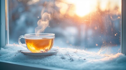 Warm Tea in a Glass Cup on Snowy Windowsill at Sunrise