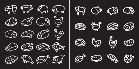 A collection vector of simple white line icons depicting various types of meat, poultry, and seafood on a black background. Icons include whole animals and cuts.