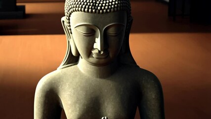 Stone statue of a figure in meditative pose with hands pressed together in prayer against a warm brown background illuminated by directional light