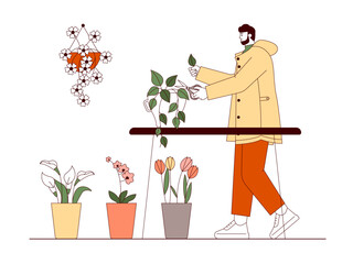 Florist cutting leaves according to needs to make bouquet. Florist illustration. Flat outline vector illustration concept.