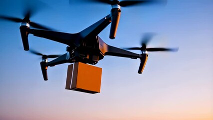 Autonomous drone delivering a brown package against a colorful sunset sky, showcasing modern delivery service and aviation technology - Powered by Adobe