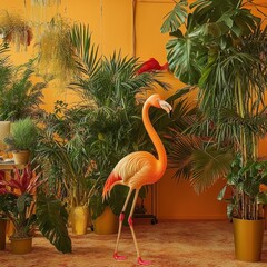 Pink flamingo standing amidst lush tropical foliage in a room with a mustard yellow wall. Warm lighting illuminates the scene, creating a vibrant and exotic atmosphere.