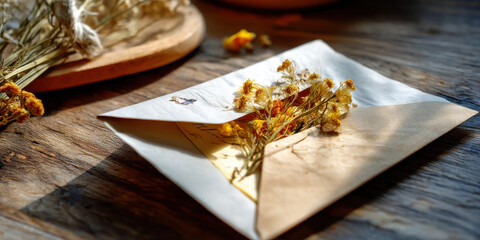 Dried flower bouquet inside open envelope on wooden table with warm sunlight creating nostalgic and peaceful mood