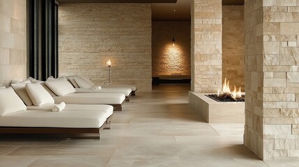 Serene Spa Interior: Tranquil Relaxation Lounge with Fire Feature