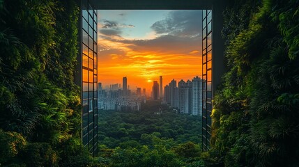 Urban Sunset Framed by Lush Vertical Garden