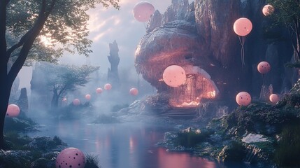 Enchanted Grove: Surreal Landscape with Pink Balloons