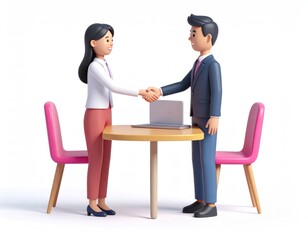 Business Deal: Cartoon Characters Handshake at Table
