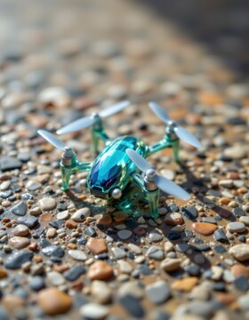 Teal Metallic Mini Drone on Pebble Surface in Bright Sunlight