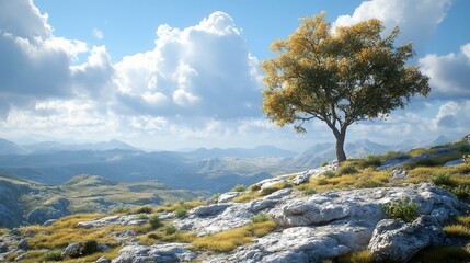 Solitary Tree on Mountaintop: Panoramic Vista