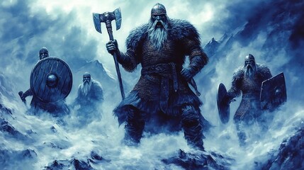 Naklejka premium Norse mythology frost giants rising through glaciers glowing trapped spirits of ancient warriors