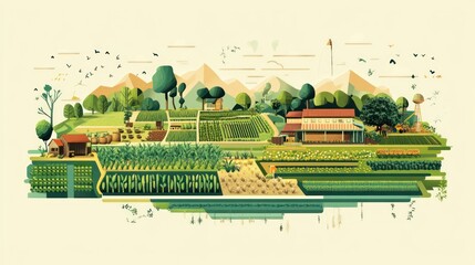 Serene Farmland Landscape: A Vibrant Illustration of Agricultural Harmony