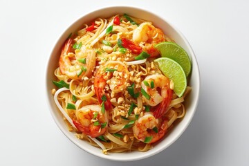 Delicious dish of shrimp pad thai in a white bowl.