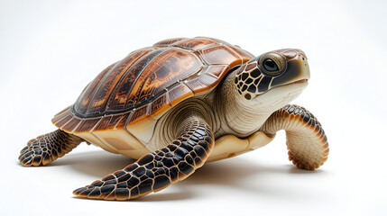 Fototapeta premium Sea turtle with brown shell and white underbelly isolated on a white background studio shot