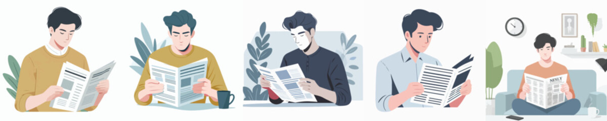 vector of young man reading newspaper