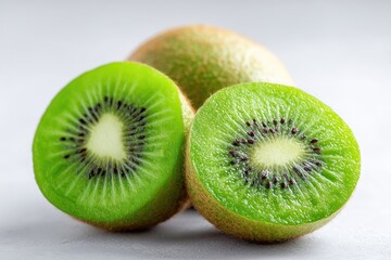 Fototapeta premium Close-up view of sliced kiwi fruits on a light background.