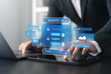 Businessman using generative AI assistant with prompt interface to create content, ads, and chatbot...