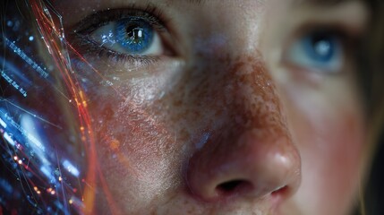 Emotion streams flow across a young woman’s face as a sci-fi interface scans her gaze, visualizing layered feelings in a poetic fusion of tech and soul.
