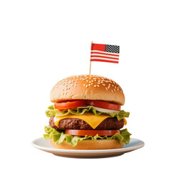 A delicious cheeseburger with french fries on a plate against a white background, featuring a sesame seed bun, lettuce, tomato, and onion, perfect for a quick lunch or dinner