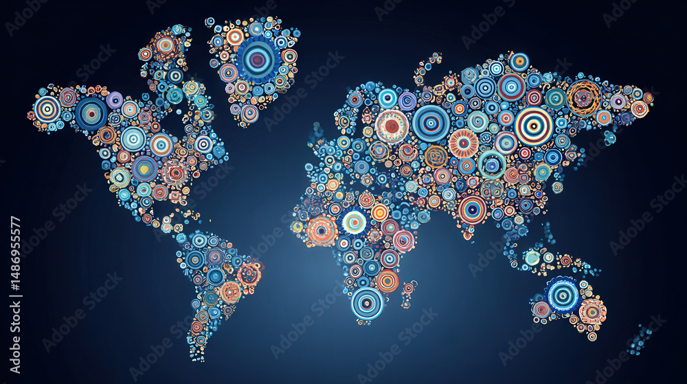 Poster abstract blue gradient world map pattern with dotted design elements in a vibrant artistic style