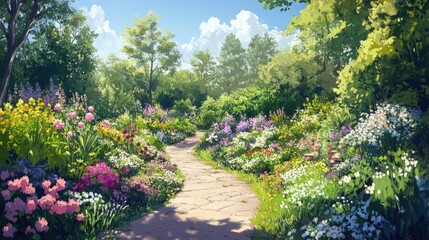 Serene Garden Path: A Digital Painting of a Blossoming Spring Garden