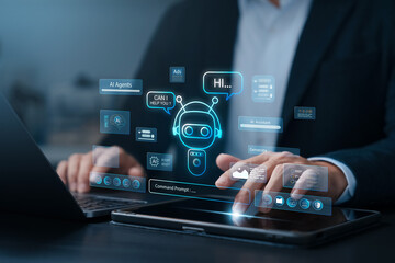 Businessman using AI chatbot interface on tablet and laptop, symbolizing artificial intelligence...