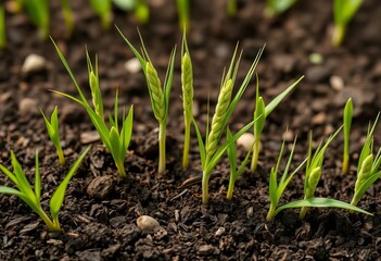 Vibrant green spring wheat sprouts with clinging soil, isolated, cereal, field