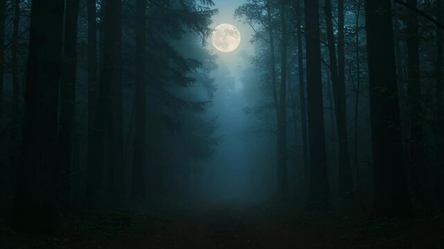  A winding pathway through a misty forest a full moon, a misty forest a full moon,  mystical nighttime landscape seamless looping 4k time-lapse virtual video animation background