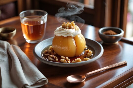 Ayva Tatlısı - Turkish Food That Combines Sweetness and Fragrance: Discover the Delightful Quince Dessert Slow-Cooked in Sugar Syrup, Topped with Walnuts, a Timeless Turkish Treat Perfect