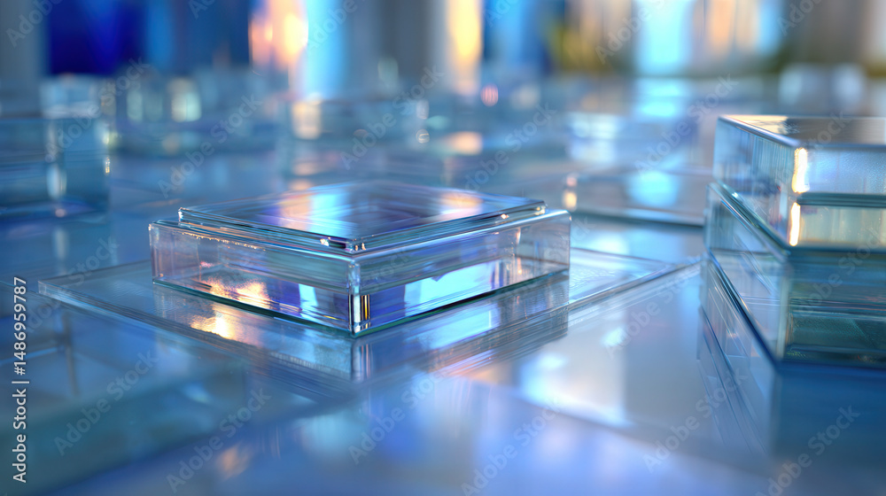 Poster futuristic hologram display with glowing transparent layers and light reflection in an abstract envi