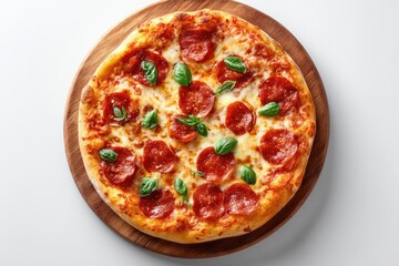 Delicious pepperoni pizza served on a round wooden board.