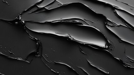 Abstract monochrome artwork featuring thick, textured, dark strokes resembling glossy paint or viscous liquid