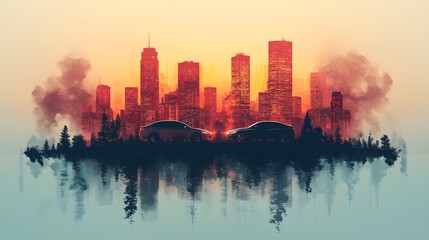 smoke from car engine, urban pollution concept, two modern cars, silhouette buildings, vector,