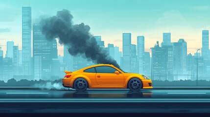 Obraz premium flat design of car in trouble, smoking engine in city traffic,