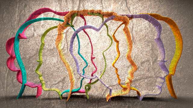 People silhouettes. Thin line. Diverse crowd. Community, society, different personalities and cultures make population. Multicultural, international rights concept. Right to be different.