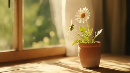Bright Daisy Flower with a Golden Center Growing from a Hand Pot in Soft Sunlight at Home