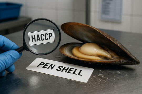 Pen Shell (Atrina maura) HACCP Verification and Adductor Muscle Inspection During Mollusk Quality Control on Stainless Steel Table in Food-Safe Industrial Processing Environment..