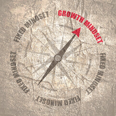 The needle of compass points to the words growth mindset ignoring the words fixed mindset. Success positive approach and flexibility in business, new results and innovative way.