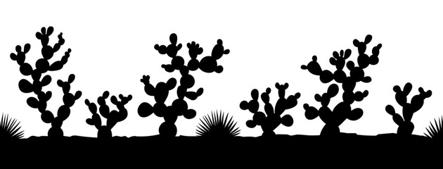 Black vector landscape desert with prickly pear cactus illustration on white background. Horizontal landscape silhouette cactus.
