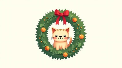 A cute cat peeking out from the decorated Christmas wreath