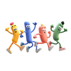 Obraz premium Four cartoon characters running isolated on a white background